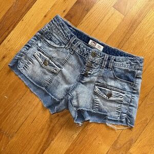 LEI‎ Ashley Shorts Womens 1 Denim Distressed Low Rise Y2K Pockets Buttonfly